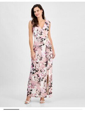 Connected Women's Floral Print Draped Sleeveless Gown